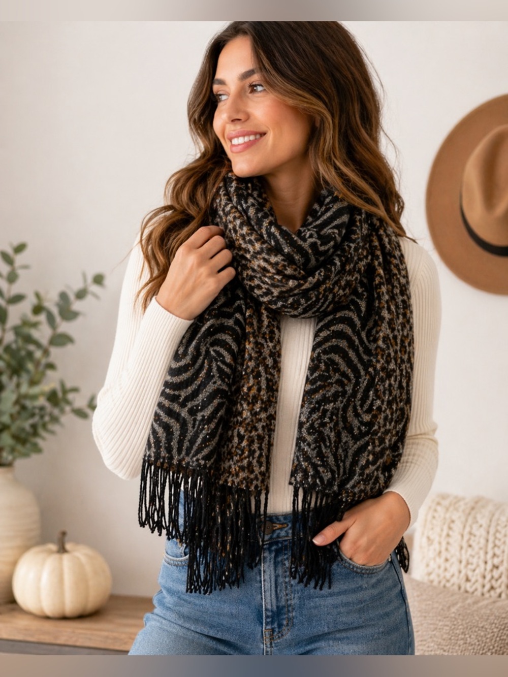 Charming Charlie Animal Print Fringe Scarf Zebra Leopard Mixed Pattern Soft Wrap